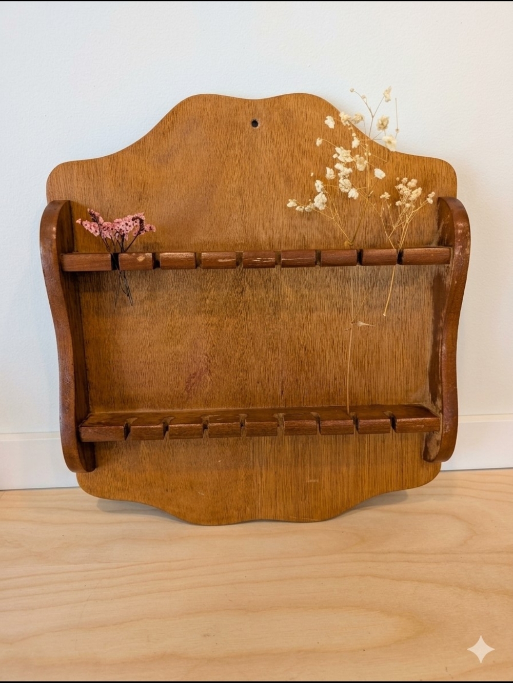 Vintage Wooden Wall Display Rack • Boho Jewelry & Herb Drying Shelf
